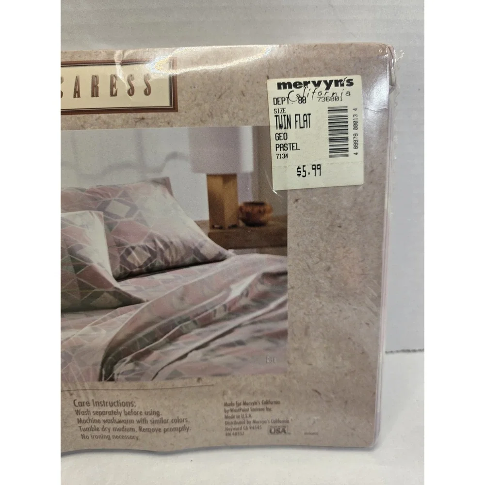 1990's Vintage Mervyns Caress Twin Flat Sheet Lot Of 2 Geometric Pastel NOS